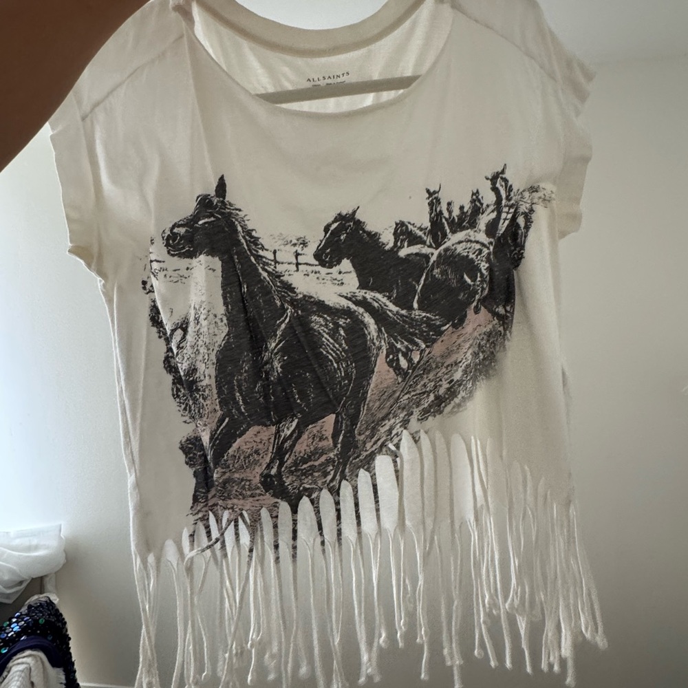 All Saints White Graphic Tee with Fringes